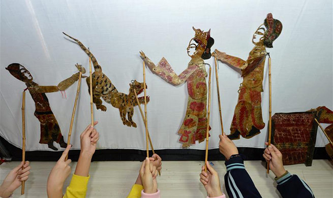 Students learn to perform shadow puppets under guidance of folk artist in China's Hubei