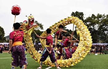 Dragon and lion dance competition held in S China's Guangxi